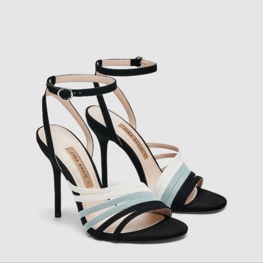 Black/White/Blue Strappy Open Toe Heels